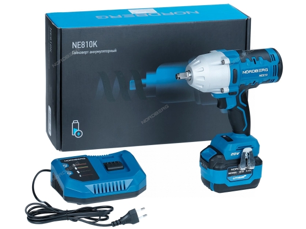 Гайковерт аккумуляторный, 1/2\", 20 В, 1000 Нм, с аккумулятором 6А и зарядным устройством NE810K (NORDBERG)