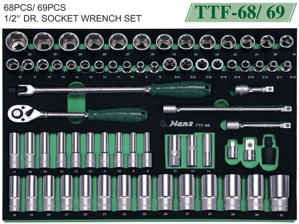 Набор торцевых головок и аксессуаров на 1/2" Hans, 68 предметов, TTF-68