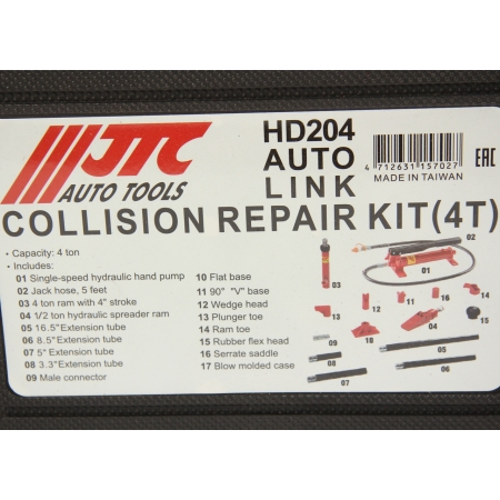 Набор инструментов для кузовных работ гидравлический, усилие 4т, 17 предметов в кейсе JTC
