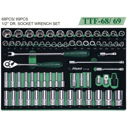 Набор торцевых головок и аксессуаров на 1/2" Hans, 68 предметов, TTF-68