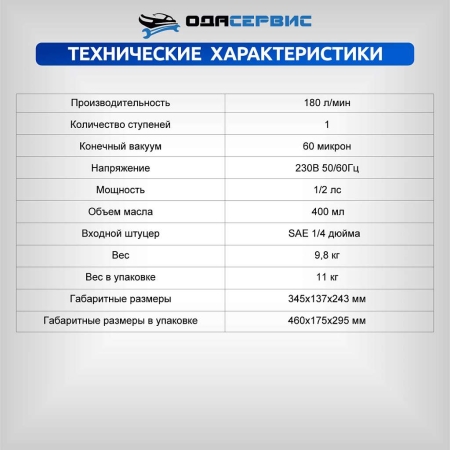 Одноступенчатый вакуумный насос 180 л/мин Ода Сервис ODA-VP180