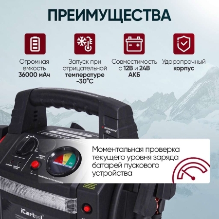 Пусковое устройство 12/24В, 36 000 мАч, мин. 12v1100A/24v500A макс. 12v2200A/24v1100A iCartool IC-CBL36