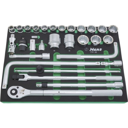 Трещотка с набором головок и аксессуаров Hans на 3/4" в ложементе, TTF-30