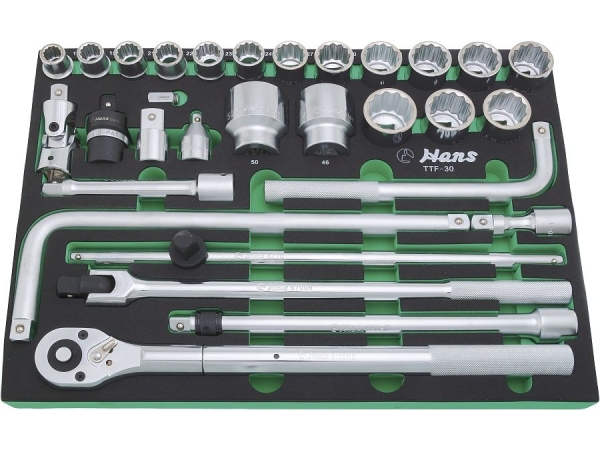 Трещотка с набором головок и аксессуаров Hans на 3/4" в ложементе, TTF-30